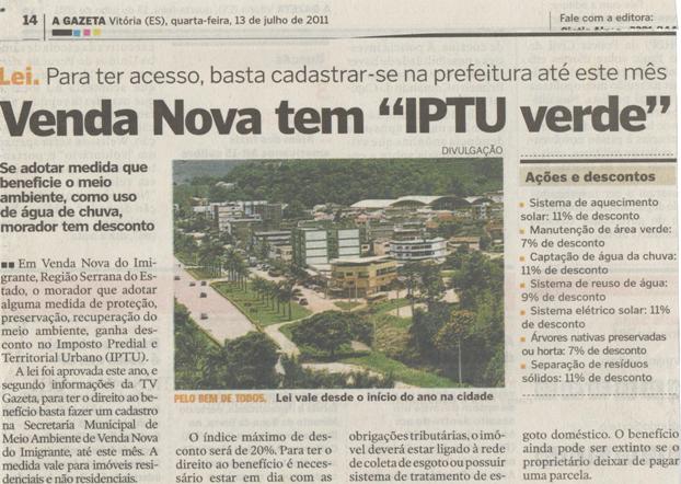Venda Nova tem IPTU verde